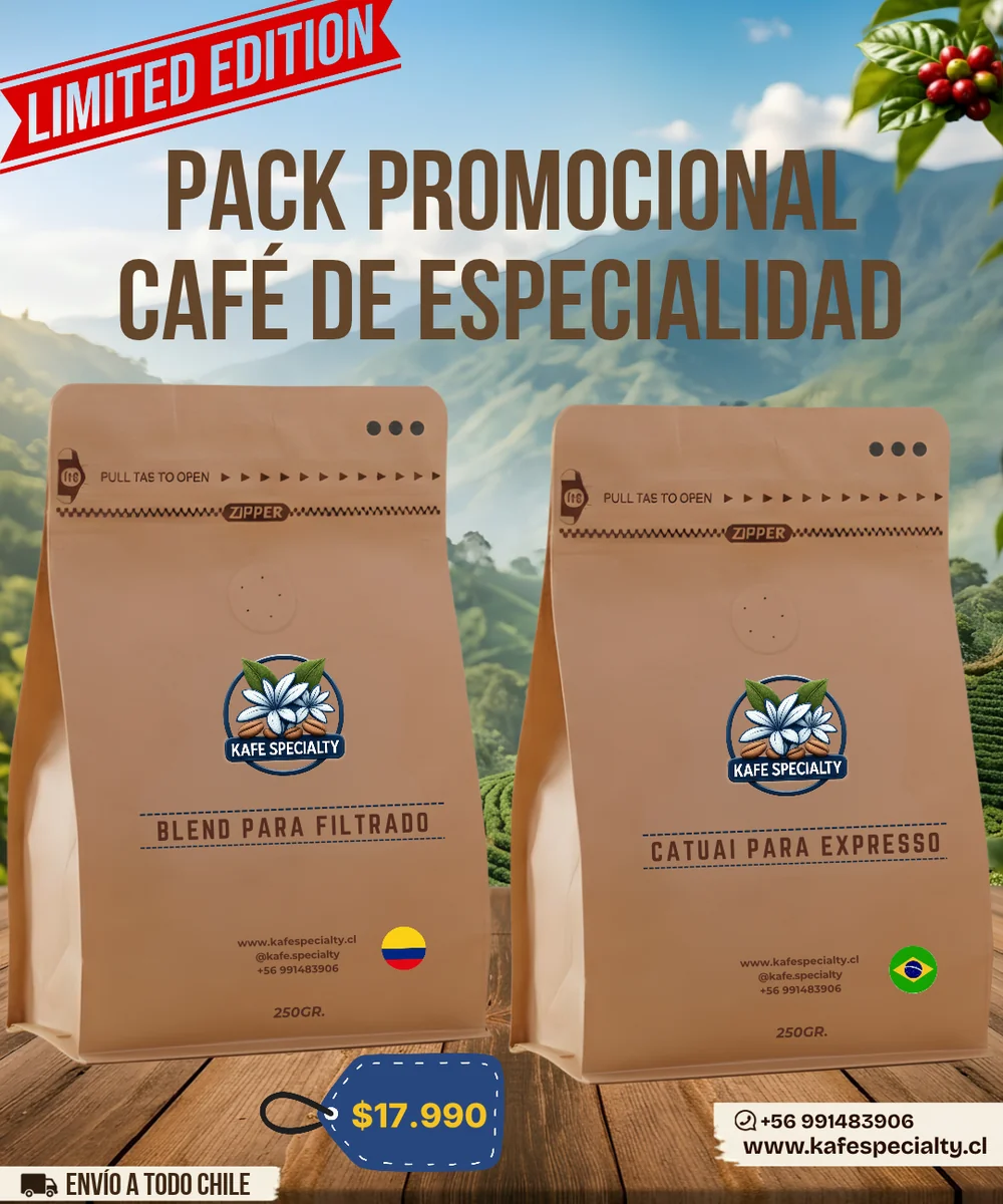 Pack promocional de dos bolsas de café de especialidad de 250 gr: Blend Huila de Colombia y Catuai de Brasil